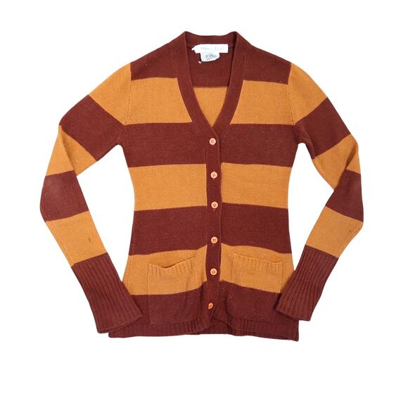 Vintage 70s Mine Doll Brown Tan Rugby Stripe Cardigan Sweater S - Picture 1 of 6